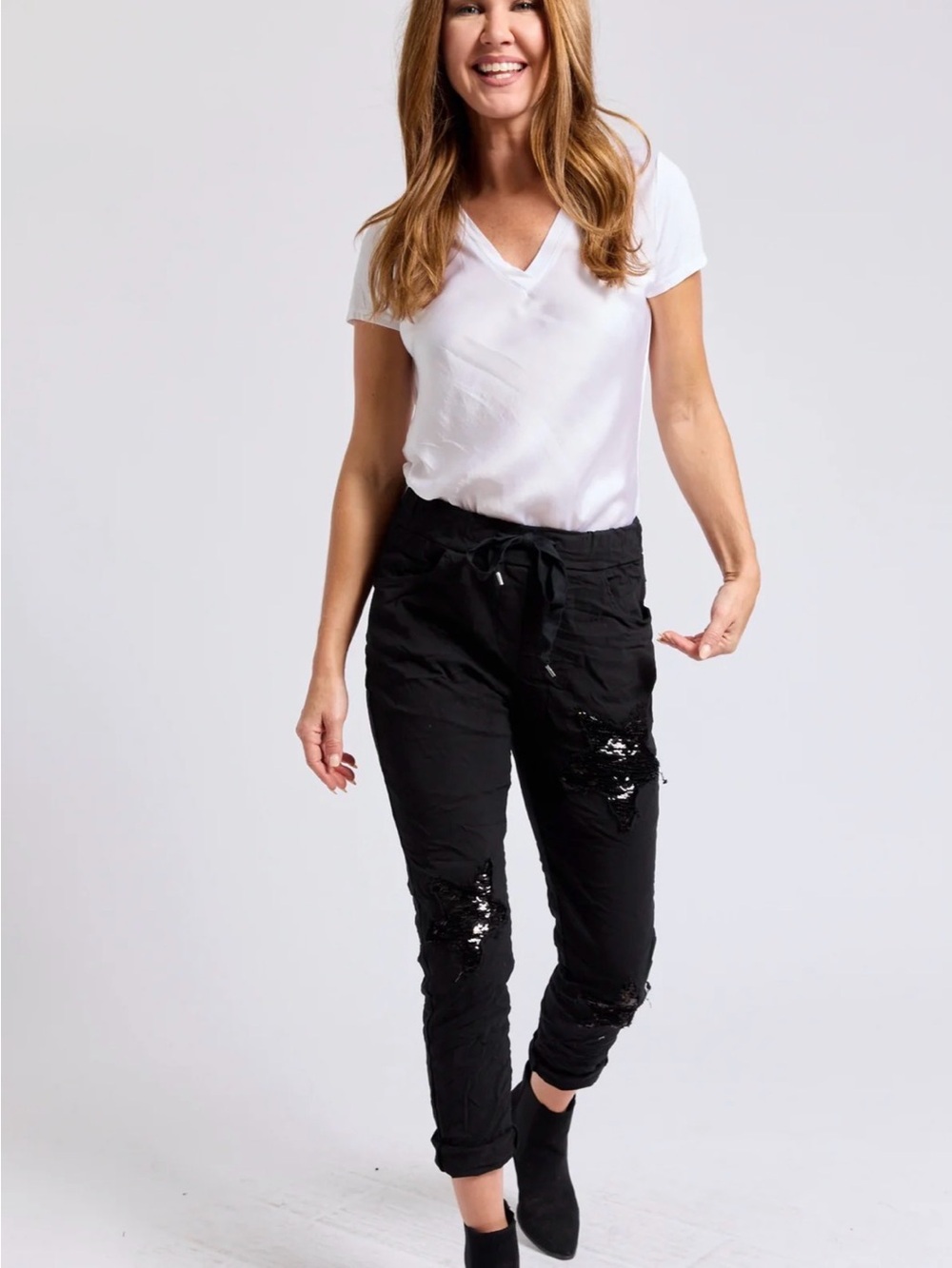 Black Cropped Ankle Pull-On Pants with Sequin Stars